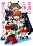  5girls bags_under_eyes black_hair brown_eyes brown_hair chibi detached_sleeves fusou_(kantai_collection) gloves green_eyes hairband hand_on_another&#039;s_head headgear hug japanese_clothes kantai_collection multiple_girls mutsu_(kantai_collection) open_mouth personification red_eyes rikosyegou sandals socks sparkle taihou_(kantai_collection) translation_request yamashiro_(kantai_collection) yukikaze_(kantai_collection) 