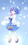  1girl absurdres alternate_costume blue_eyes blue_hair candy_apple choko_(mixberry_parfait) cirno highres ice ice_wings japanese_clothes long_sleeves miko sandals short_hair skirt snow solo touhou wide_sleeves wings 