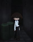  1boy brown_hair dark expressionless glasses harinezumi_(pixiv) looking_at_viewer male mark_(s//d) s//d shirt solo walking 