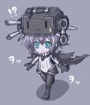  !? 1girl :3 alternate_headwear aqua_eyes black_gloves blush_stickers bodysuit cannon cape chibi gloves grey_background highres kantai_collection long_sleeves open_mouth oukawa_yuu personification rensouhou-chan silver_hair solo sweatdrop translation_request walking wo-class_aircraft_carrier |_| 