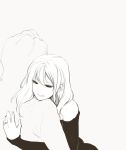  1boy 1girl commentary_request couple earrings eyelashes fingernails grey_background head_on_shoulder highres hug jewelry lips long_hair long_sleeves monochrome off-shoulder_sweater original poaro ring simple_background sweater 