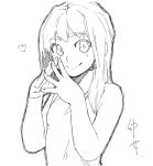  1girl ballpoint_pen_(medium) fingernails fingers_together heart line_shading long_hair looking_at_viewer monochrome original poaro shirt simple_background smile solo traditional_media translation_request white_background 