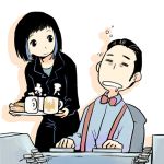  1boy 1girl black_hair coffee_mug drooling lowres mako_mori pacific_rim sleeping tatsuri_(forest_penguin) tray 