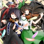  2girls asymmetrical_wings black_dress black_hair black_wings bow dress feathers frills hair_ribbon highres houjuu_nue instrument long_hair looking_at_viewer looking_down misopanne multiple_girls playing_instrument red_eyes reiuji_utsuho ribbon shirt short_hair short_sleeves skirt third_eye touhou violin wings 