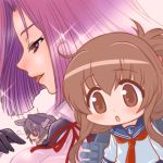  3girls brown_eyes brown_hair chibi commentary eyepatch gloves half_updo headgear inazuma_(kantai_collection) kantai_collection machinery multiple_girls open_mouth personification purple_hair ribbon shinanoya_(satanicad) short_hair sighing sweatdrop tatsuta_(kantai_collection) tenryuu_(kantai_collection) tongue turret violet_eyes 