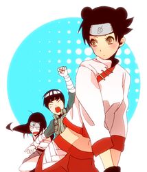  1girl 2boys bandages black_hair blush brown_eyes closed_eyes double_bun forehead_protector hyuuga_hinata hyuuga_neji iyutani multiple_boys naruto open_mouth rock_lee short_hair sweatdrop teeth tenten 