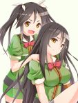  2girls battlegaregga black_hair chikuma_(kantai_collection) hair_ribbon highres kantai_collection looking_at_viewer multiple_girls open_mouth personification ribbon smile thighhighs tone_(kantai_collection) twintails yellow_eyes 