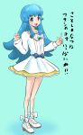  1girl aqua_background blue_eyes blue_hair bobabo bow happinesscharge_precure! highres index_finger_raised long_hair payot precure shirayuki_hime shoes skirt smile solo standing translation_request 
