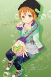  1girl bubbles eating fruit green_eyes gyoniku_sausage_funsai_gyokurocha hat hoshizora_rin jacket love_live!_school_idol_project orange_hair short_hair smile solo 