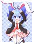  1girl animal_ears blue_eyes blue_hair blush bow cirno fang hair_bow highres ice ice_wings jacket mofu_mofu necktie open_mouth rabbit_ears reisen_udongein_inaba reisen_udongein_inaba_(cosplay) shoes short_hair skirt sleeves_past_wrists solo thighhighs touhou wings 