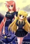  2girls absurdres arf bardiche blonde_hair blue_eyes brown_hair casual fang fate_testarossa female highres long_hair lyrical_nanoha mahou_shoujo_lyrical_nanoha moon multiple_girls night nyantype official_art pink_eyes sky very_long_hair 