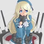  1girl atago_(kantai_collection) biting blonde_hair blue_eyes glove_biting gloves hat kantai_collection long_hair looking_at_viewer machinery personification solo suu2510 turret 
