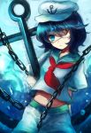 1girl anchor blue_eyes blue_hair bubble chain colored covering_one_eye eyepatch hat highres looking_at_viewer maho_moco midriff murasa_minamitsu navel pants puffy_sleeves sailor_collar sailor_hat shirt short_hair short_sleeves simple_background sketch solo touhou underwater water 