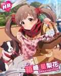  1girl ahoge artist_request brown_eyes brown_hair character_name dog hakozaki_serika idolmaster idolmaster_million_live! jacket official_art scarf thighhighs twintails 