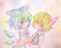  2girls :o :p acrylic_paint_(medium) blonde_hair blue_eyes blue_hair bow bust cirno dress graphite_(medium) hair_bow hair_ribbon head_tilt highres holding_hands ice ice_wings interlocked_fingers long_sleeves looking_at_viewer multiple_girls necktie puffy_short_sleeves puffy_sleeves red_eyes ribbon rumia short_hair short_sleeves skirt skirt_set tongue touhou traditional_media watercolor_(medium) wings yuyu_(00365676) 