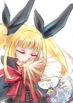  1girl blazblue blonde_hair blush bow closed_eyes cup frills gothic_lolita hair_ribbon lolita_fashion long_hair rachel_alucard ribbon solo sowel_(sk3) spit_take spitting tea teacup twintails 