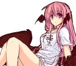  1girl bare_legs bat_wings blush head_wings koakuma long_hair looking_at_viewer naked_shirt pandamonium red_eyes redhead rough simple_background solo touhou translation_request white_background wings 