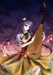  1girl absurdres biwa_lute double_dealing_character dress flower hair_flower hair_ornament highres hiyanagi instrument lavender_hair long_hair lute_(instrument) musical_note playing_instrument shirt solo staff_(music) touhou treble_clef tsukumo_benben twintails very_long_hair violet_eyes white_shirt yellow_clothes yellow_dress 