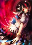  1girl arrow black_hair cuffs dress horns kijin_seija looking_at_viewer maho_moco multicolored_hair outstretched_arm puffy_sleeves red_background red_eyes ribbon short_hair short_sleeves simple_background smile solo tongue tongue_out touhou 