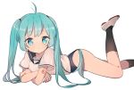  1girl ahoge aqua_eyes aqua_hair crossed_arms hatsune_miku long_hair lying on_stomach sailor_collar simple_background socks solo twintails uttao vocaloid white_background 