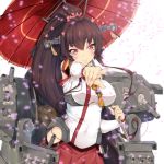  1girl brown_hair cherry_blossoms headgear japanese_clothes kantai_collection long_hair looking_at_viewer machinery personification pointing ponytail red_eyes smile solo turret umbrella yamato_(kantai_collection) yukinon 
