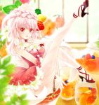  1girl braid dress flower flower_necklace food food_as_clothes food_themed_clothes frills fruit glass high_heels looking_at_viewer nishiwaki_yuuri open_mouth original pantyhose pink_dress pink_hair ribbon solo strawberry 