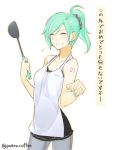  1girl alternate_hairstyle apron blush camisole closed_eyes commentary_request contrapposto green_hair green_nails grin hatsune_miku highres jeans ladle long_hair nail_polish poaro ponytail simple_background smile solo sweatdrop translation_request twitter_username vocaloid white_background 