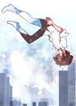  1boy brown_hair city falling glasses male mark_(s//d) s//d shirt solo sumadera424 upside-down 