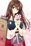  1girl akagi_(kantai_collection) brown_eyes brown_hair carnelian flower kantai_collection looking_at_viewer muneate personification petals smile solo 
