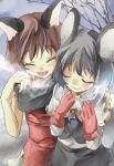  2girls ^_^ animal_ears brown_hair capelet cat_ears chen closed_eyes dress fangs grey_hair heavy_breathing mittens mouse_ears multiple_girls nazrin no_hat open_clothes open_shirt red_dress short_hair skirt skirt_set sleeveless sleeveless_dress smile touhou yohane 