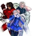  1girl 2boys black_legwear blonde_hair blue_eyes breasts capcom_fighting_jam capelet character_request clenched_hands copyright_request gloves hairpods ingrid kimuchi long_hair multiple_boys open_mouth outstretched_arms pantyhose red_eyes silver_hair skirt suspenders white_gloves 