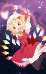  1girl aoi_(annbi) arms_up black_legwear blonde_hair flandre_scarlet hat highres laevatein loafers looking_at_viewer open_mouth red_eyes shoes short_hair side_ponytail smile solo thighhighs touhou wings wrist_cuffs 