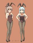  2girls animal_ears bare_shoulders blush breasts brown_hair bunnysuit cleavage green_hair hands_on_hips highres kantai_collection kumano_(kantai_collection) long_hair looking_at_viewer multiple_girls pantyhose personification ponytail rabbit_ears red_background smile suzuya_(kantai_collection) yuugiri 