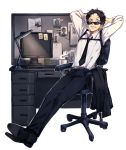  1boy adachi_tooru black_hair cup male mug necktie persona persona_4 photo_(object) saeuchobab short_hair sunglasses 