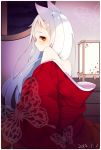  1girl animal_ears butterfly fox_ears japanese_clothes long_hair looking_at_viewer off_shoulder original red_eyes repachi_(sicp) short_eyebrows solo white_hair 