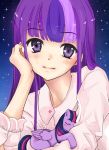  1girl arm_support chin_rest d-tomoyo_(thekingkas) dual_persona long_hair multicolored_hair my_little_pony my_little_pony_friendship_is_magic night night_sky pegasus personification purple_hair sky star_(sky) starry_sky twilight_sparkle violet_eyes 