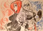  2girls abs alex_ahad back-to-back belt bikini_top blue_eyes breasts clenched_hands closed_umbrella cropped_jacket crossover dark_skin dog_tags elbow_pads hand_on_hip large_breasts long_hair marker_(medium) multiple_girls navel open_clothes open_jacket parasoul_(skullgirls) pencil_crayon_(medium) redhead skirt skullgirls sweater traditional_media turtleneck umbrella vanessa_lewis virtua_fighter white_hair 