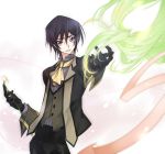  1boy 1girl black_gloves black_hair c.c. code_geass cravat creayus flower gloves green_hair lelouch_lamperouge long_hair out_of_frame outstretched_hand solo_focus vest violet_eyes 