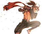  1boy abs blazblue brown_eyes brown_hair elbow_gloves eyebrows fingerless_gloves gloves greaves jumping kawo-ri midriff muscle ninja open_mouth ponytail red_scarf scarf shishigami_bang sideburns solo thick_eyebrows 