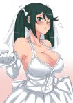  1girl :&lt; breasts bridal_veil cleavage dress gloves green_eyes green_hair holding_hand huge_breasts isuzu_(kantai_collection) kantai_collection looking_at_viewer maru_(maruttona) pov simple_background solo veil wedding_dress white_background wink 