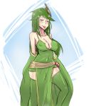 1girl :p breasts character_request detached_sleeves dress grandmastag green_eyes green_hair green_legwear hair_ornament highres large_breasts long_hair mon-musu_quest! solo thighhighs tongue 