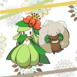  blush_stickers flower jumping kyabechi lilligant no_humans open_mouth outline pokemon red_eyes smile standing whimsicott yellow_eyes 