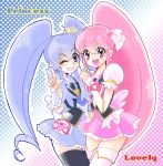  2girls aino_megumi blue_background blue_eyes blue_hair blue_legwear blue_skirt blush boots character_name crown cure_lovely cure_princess earrings english gradient gradient_background hair_ornament happinesscharge_precure! happy heart heart_hair_ornament jewelry long_hair looking_at_viewer magical_girl mile multiple_girls open_mouth pink_background pink_eyes pink_hair pink_skirt polka_dot polka_dot_background ponytail precure puffy_sleeves ramune02 shirayuki_hime shirt skirt thigh_boots thighhighs thighs twintails v wink wrist_cuffs zettai_ryouiki 