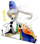  1girl grey_hair hat hinabu long_hair looking_at_viewer mononobe_no_futo simple_background solo touhou white_background 