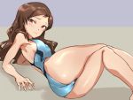  1girl brown_hair competition_swimsuit dokiyuri idolmaster idolmaster_million_live! kitazawa_shiho long_hair lying on_side one-piece_swimsuit solo swimsuit yellow_eyes 