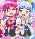  2girls aino_megumi blue_eyes blue_hair crown cure_lovely cure_princess happinesscharge_precure! long_hair looking_at_viewer magical_girl manji_(tenketsu) multiple_girls open_mouth pink_eyes pink_hair ponytail precure shirayuki_hime twintails wink 