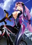  1girl absurdres bangs bicycle black_gloves blue_sky bodysuit breasts cleavage fate/stay_night fate_(series) fingerless_gloves glasses_on_head gloves heavy_breathing highres huge_breasts ishida_akira long_hair mountain open_mouth parted_bangs payot purple_hair rider scan sky solo sweat type-moon unzipped very_long_hair violet_eyes 
