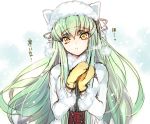  1girl animal_ears animal_hat c.c. cat_ears code_geass creayus green_hair hat head_tilt long_hair looking_at_viewer mittens solo translated very_long_hair winter_clothes yellow_eyes 