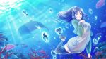  1girl blue_eyes blue_hair dress fish highres hiradaira_chisaki long_hair nagi_no_asukara suzune_(kuroneko2) thighhighs underwater whale 