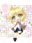  blonde_hair blush butterfly character_request flower green_eyes highres milkpanda open_mouth ribbon short_hair smile 